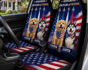 Custom America 250 Pet Car Seat Cover, Personalized Dog Cat USA Flag Seat Cover, July 4th Patriotic Set of 2 Car Seat Cover