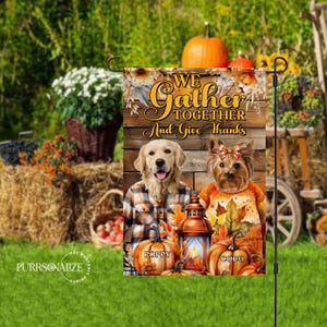 Personalized Thanksgiving Pet Flag, Custom Dog Cat Photo & Name Flag, We Gather Together And Give Thanks Double Sizes Flag, Pet Lovers Gift