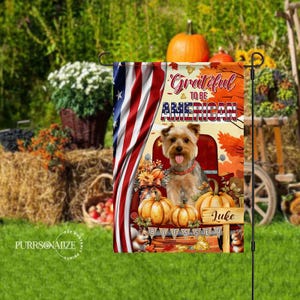 Personalized Thanksgiving Pet Flag, Custom Dog Cat Photo & Name Flag, Grateful To Be American Double Sizes Flag, Pet Lovers Gift