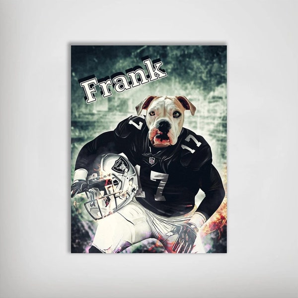 USA Made Football 'Oakland Dog' Personalized Dog Portrait Print | Custom Football Pet Portrait Wallart, Canvas, Poster, Digital Download