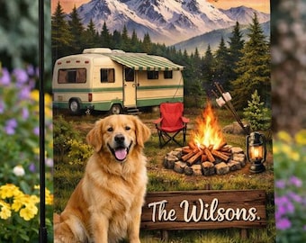 Bandera personalizada para casa rodante, perro, gato, camping, jardín, casa, nombre personalizado, campamento en la montaña, bandera de tamaño doble, decoración divertida para campamento de mascotas, bandera para patio de caravana