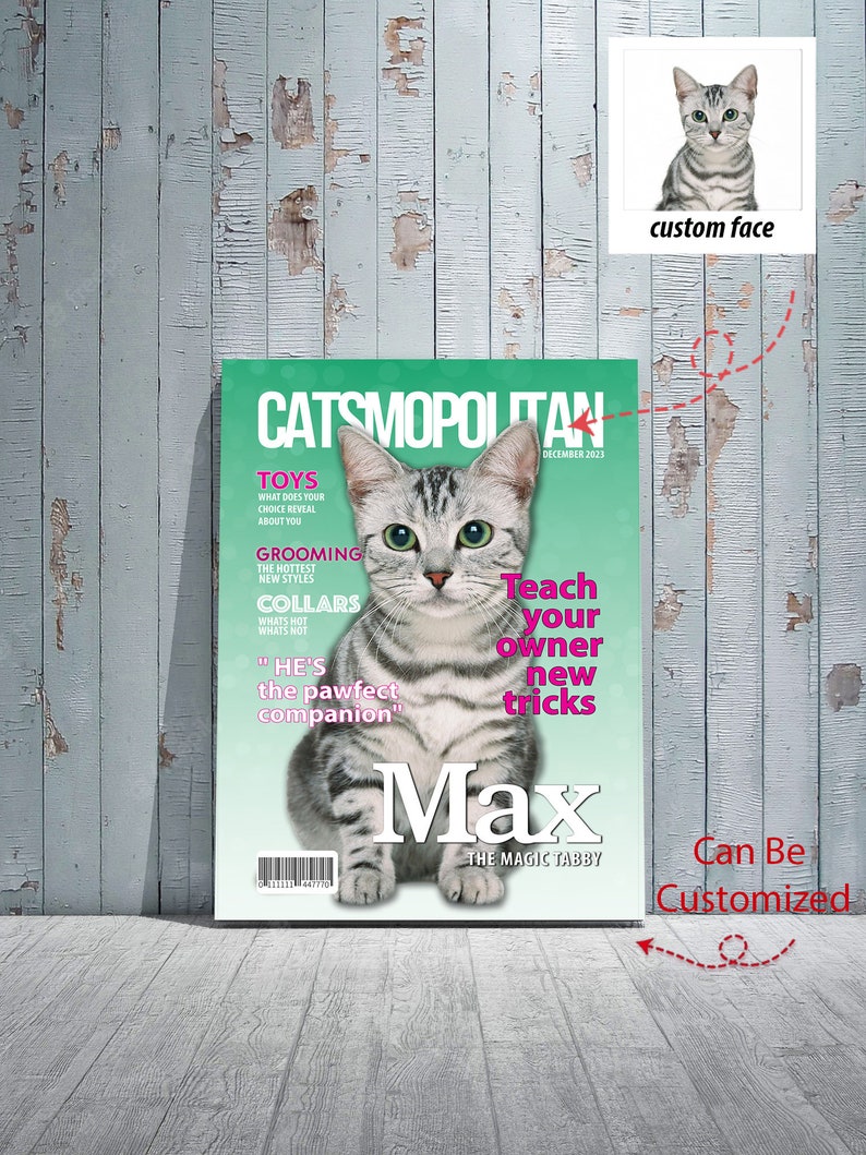 Pu&ograve; includere: Una copertina di rivista con un gatto su uno sfondo verde. La rivista si chiama "Catsmopolitan" e il gatto si chiama "Max". Il testo sulla copertina dice "Insegna al tuo padrone nuovi trucchi".