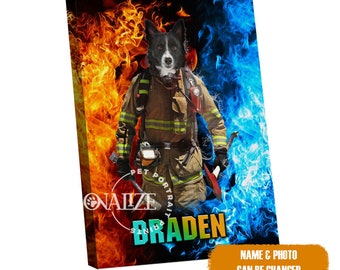 May include: A black and white dog dressed as a firefighter with a yellow helmet and a red axe. The dog is standing in front of a background of orange and blue flames. The text "Pet Portrait Prints" and "Braden" are visible in the image.