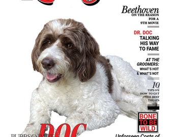 Prodotto negli Stati Uniti - Rolling Bone - Stampa su tela personalizzata con copertina di rivista per cani / Ritratto personalizzato di animale domestico su tela, poster digitale, regalo per animali domestici