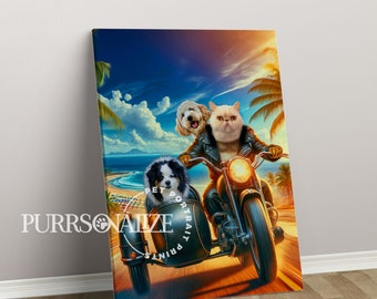 May include: A white cat, a white dog, and a black and white dog are riding a motorcycle on a beach. The cat is wearing a leather jacket and the dogs are wearing helmets. The motorcycle is a vintage style with a sidecar.