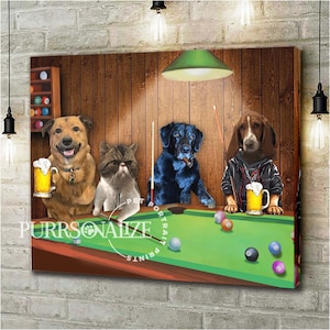 May include: A humorous illustration of four pets playing pool. A brown dog with a beer, a black dog with a cigar, a cat, and a basset hound with a beer. The illustration is set in a bar with a pool table and wooden walls. The text "Purrsonalize Pet Portraits" is visible in the bottom left corner.