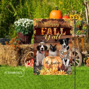 Personalized Happy Fall Y&#39;all Pet Flag, Custom Dog Cat Photo & Name Flag, Fall Pumpkin Pet Double Sizes Flag, Pet Lovers Gift