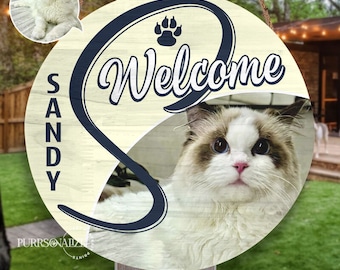 Custom Photo Name Initial Pet Round Wood Sign, Welcome Dog Cat Door Hanger, Personalized Dog Cat Door Sign, Pet Lovers' Gift, Pet Home Decor