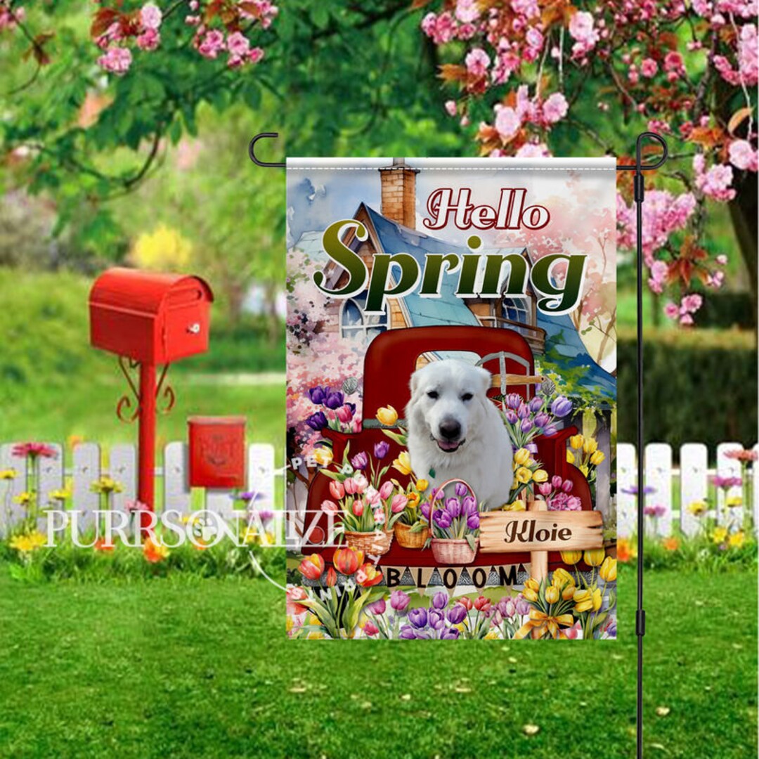 Personalized Hello Spring Tulips Pet Flag, Custom Dog Cat Truck Flag ...