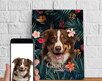 Pode incluir: Uma ilustração digital de um cão castanho e branco com uma flor rosa atrás de cada orelha. O cão está rodeado de folhas verdes e flores. O nome do cão, "Charlie", está escrito em branco abaixo da cabeça do cão.