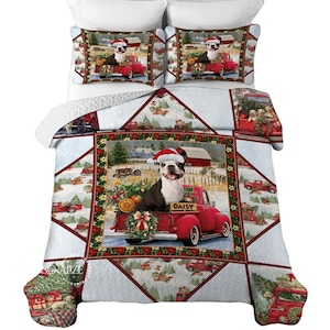 Custom Holiday Puzzles Quilt Bedding Set, Personalized Christmas Dog Cat on Red Truck Quilt Bedding Set, Pet Lover&#39;s Gift, Christmas Gift