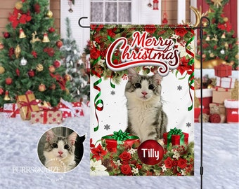 Personalized Christmas Pet Photo And Name Flag, Merry Christmas Dog Cat Flag, Double Sides Christmas Garden House Flag, Gift For Pet Lovers