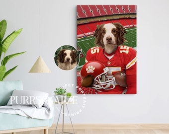 Retrato personalizado de mascota de fútbol americano, hecho en EE. UU., retrato de perro de Kansas City, retrato personalizado de mascota de fútbol americano en lienzo, arte mural, descarga digital