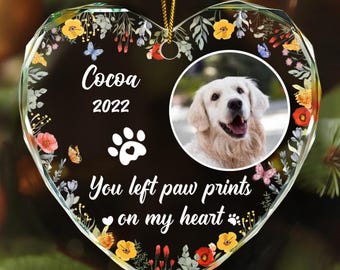 Décoration personnalisée avec nom de chien et chat avec photo, empreintes de votre patte gauche sur mon coeur, décoration de chien et de chat, décoration en verre commémorative en forme de coeur