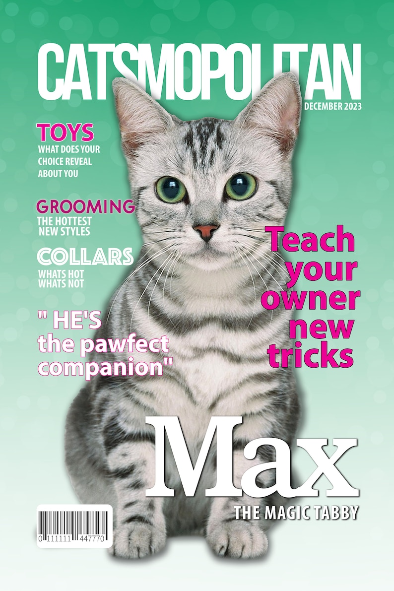 Stampa su tela personalizzata con poster per animali domestici Catmopolitan, realizzata negli USA / Stampe personalizzate di cani e gatti / Copertine di riviste / Ritratto personalizzato di animali domestici da foto immagine 2