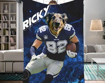 Manta personalizada con foto y nombre de fútbol para mascotas, manta con retrato de perro y gato de equipo de fútbol, manta personalizada de equipo deportivo favorito, regalo personalizado