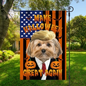 USA MADE Personalized Pet Halloween Flag | Custom Double Side Dog Cat TRUMP -Made Halloween Great Again - Garden, House, Yard Flags