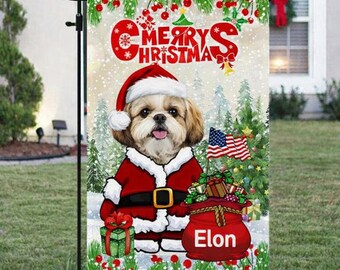 USA MADE Personalized Pet Christmas Flag | Custom Double Side Dog Cat Xmas Home Decor Santa Dog Flag Welcome Garden Flag, House Flag