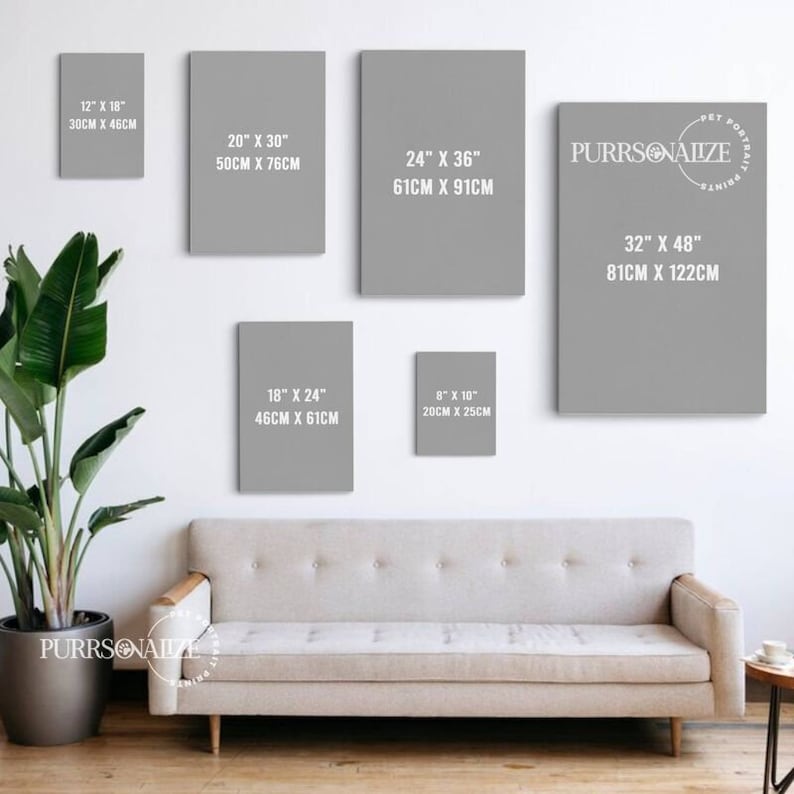 May include: A white wall with eight different sized gray canvases with white text on them. The canvases are arranged in a grid pattern. The text on the canvases shows the size of the canvas in inches and centimeters. The text on the canvases reads: 12" x 18", 30CM x 46CM, 20" x 30", 50CM x 76CM, 24" x 36", 61CM x 91CM, 18" x 24", 46CM x 61CM, 8" x 10", 20CM x 25CM, 32" x 48", 81CM x 122CM. The text "PURRSONALIZE" is on the canvas in the upper right corner. The text "PET PORTRAITS" is on the canvas in the upper right corner. The text "PAINTING" is on the canvas in the upper right corner.