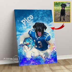 USA MADE Personalized Football Pet Portrait | Custom &#39;Detroit Football Pet Portrait&#39; Personalized Pet Poster, Portrait Wallart, Cat Por