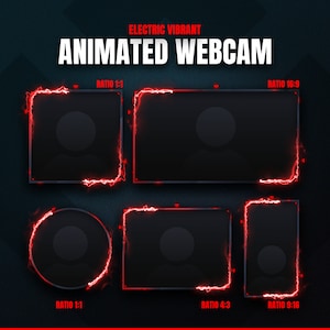May include: An image showcasing animated webcam frames with a vibrant electric red border. The text "ELECTRIC VIBRANT ANIMATED WEBCAM" is displayed at the top. Different aspect ratios are shown, including 1:1, 16:9, 4:3, and 9:16, suitable for streaming.