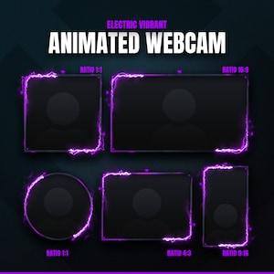 May include: An image featuring animated webcam overlays in various aspect ratios. The overlays are black with a purple electric border and include the text "ELECTRIC VIBRANT ANIMATED WEBCAM" and ratio labels like "RATIO 1:1" and "RATIO 16:9".