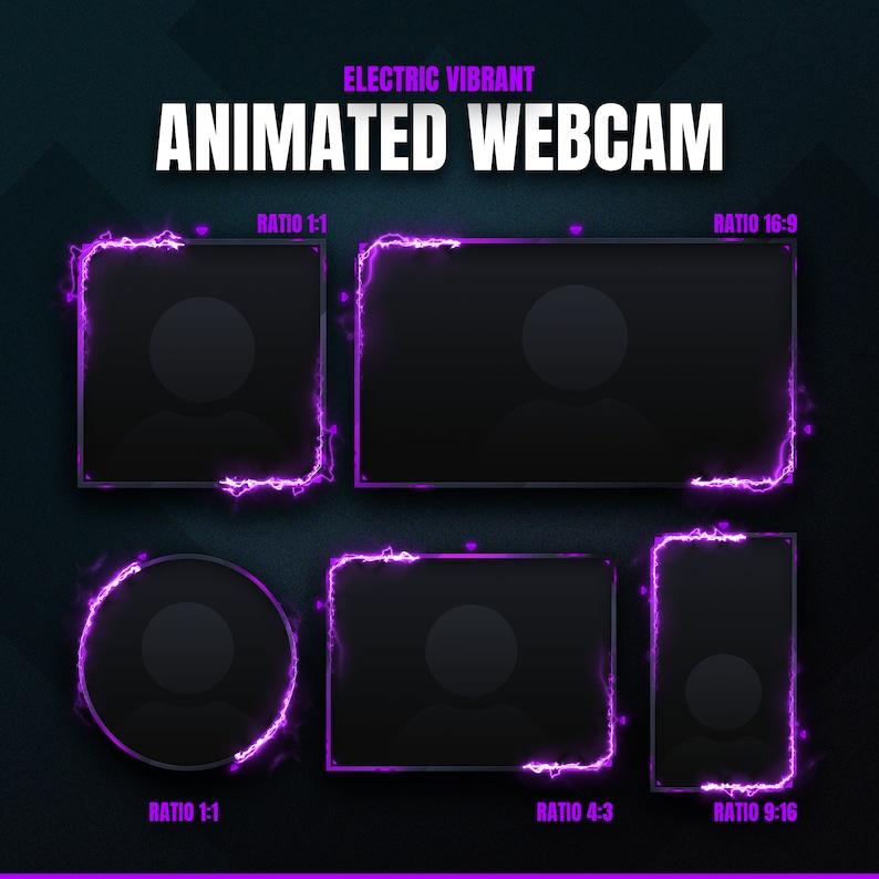 May include: An image featuring animated webcam overlays in various aspect ratios. The overlays are black with a purple electric border and include the text "ELECTRIC VIBRANT ANIMATED WEBCAM" and ratio labels like "RATIO 1:1" and "RATIO 16:9".
