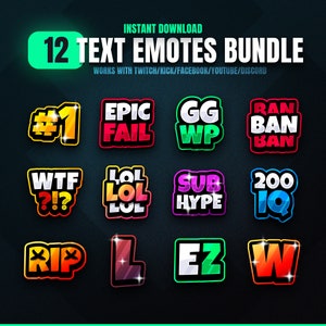 Colorful Twitch Kick Text Emotes Bundle Package for Twitch/Kick/Youtube/Discord,  GgWp/Rip/Hype/Love/200iq/Ban/Wtf?!?/Lol/EZ/L/W/Epic Fail