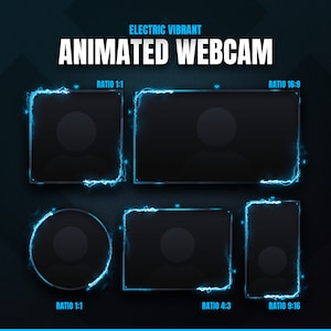 May include: An animated webcam graphic with a dark background and blue electric accents. The text "ELECTRIC VIBRANT ANIMATED WEBCAM" is at the top. The image displays various aspect ratios, including 1:1, 16:9, 4:3, and 9:16, each with a blue electric border.
