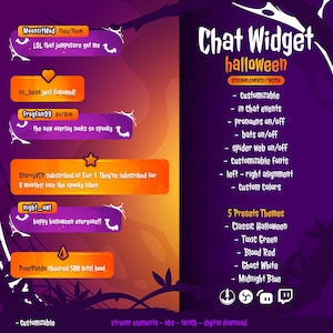 Op de afbeelding: Een digitaal Halloween-thema chatwidget-overlay voor streaming, met paarse en oranje verloop-chatbubbels met vleermuis- en spinnenwebaccenten. De tekst toont functies zoals aanpasbare lettertypes, kleuren en vijf thema-presets.