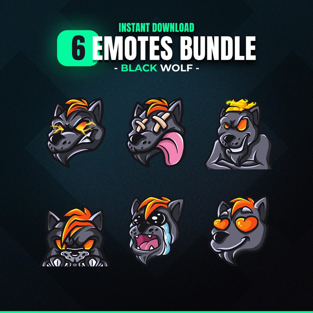 6 Black Wolf Twitch Emotes Bundle Lone Wolf Discord Emoji Wild Dog Kick ...
