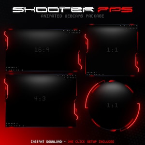Puede incluir: Diseño gráfico digital para webcams animadas. El diseño presenta un fondo negro con acentos y texto rojos. El texto incluye "SHOOTER FPS" y "ANIMATED WEBCAMS PACKAGE". El diseño incluye diferentes relaciones de aspecto, como 16:9, 1:1 y 4:3.