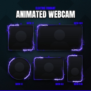 May include: A graphic with the text "ELECTRIC VIBRANT ANIMATED WEBCAM" and several black webcam frames outlined with purple lightning effects. The frames are in different aspect ratios, including 1:1, 16:9, 4:3, and 9:16.