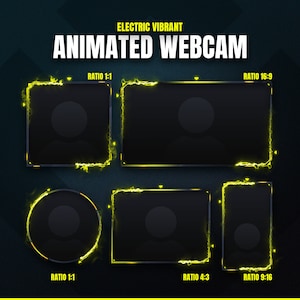 May include: Graphic design featuring animated webcam frames in various aspect ratios, including 1:1, 16:9, 4:3, and 9:16. Each frame is black with a yellow electric border and the text "ELECTRIC VIBRANT ANIMATED WEBCAM".