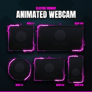 May include: An image showcasing animated webcam overlays with a vibrant electric theme. The design features black frames with pink lightning effects in various aspect ratios, including 1:1, 16:9, 4:3, and 9:16. The text "ELECTRIC VIBRANT ANIMATED WEBCAM" is displayed.