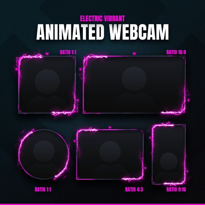 May include: An image showcasing animated webcam overlays with a vibrant electric theme. The design features black frames with pink lightning effects in various aspect ratios, including 1:1, 16:9, 4:3, and 9:16. The text "ELECTRIC VIBRANT ANIMATED WEBCAM" is displayed.