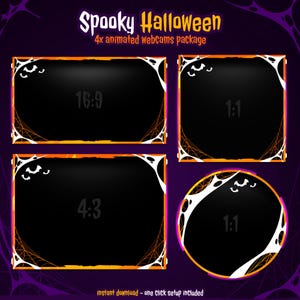 May include: A digital package for Halloween-themed animated webcams. The design features four different webcam frame shapes: rectangular, square, and circular, each with a black background and a spooky orange and white border with spiderwebs and bats. Text reads "Spooky Halloween".