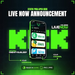 Kick Live Now Announcement Streaming Graphic | Going Live Now Announcement | Getting Live Channel Promo | Twitch Live Banner | Youtube Live