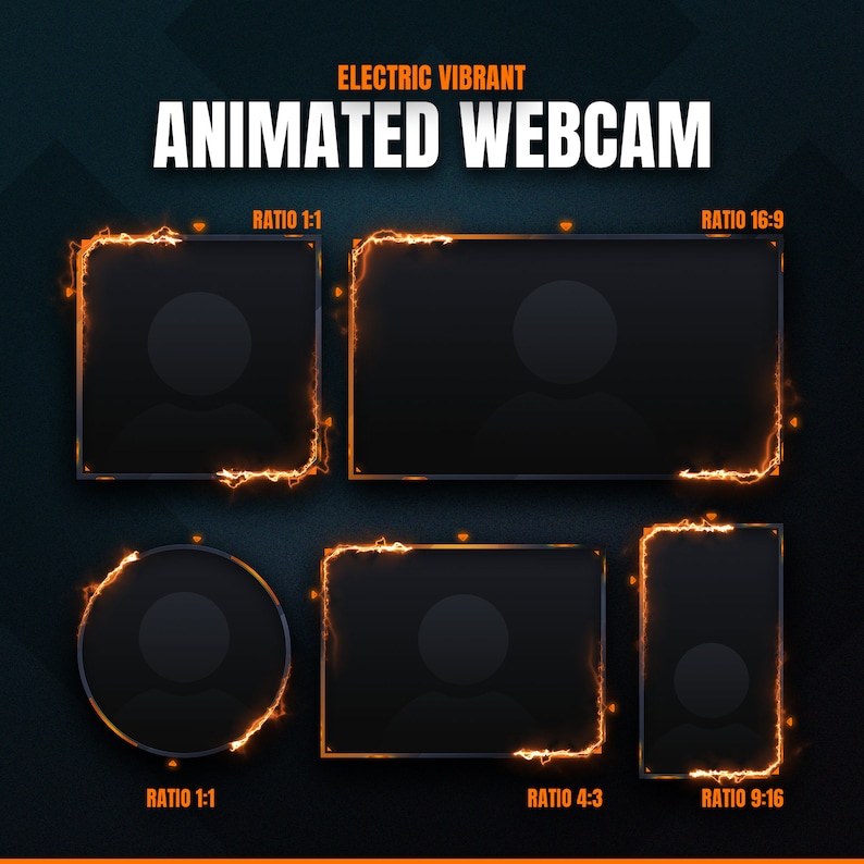 May include: Animated webcam overlays with electric vibrant borders in various aspect ratios, including 1:1, 16:9, 4:3, and 9:16. The text "ELECTRIC VIBRANT" and "ANIMATED WEBCAM" are displayed at the top.