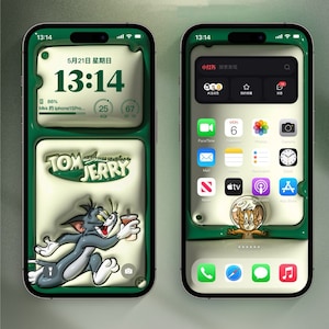 Tom & Jerry（verde） conjunto de fondos de pantalla para iPhone, fondos de pantalla caprichosos para iPhone, conjunto minimalista de fondos de pantalla para teléfonos inteligentes, fondo estético para iPhone