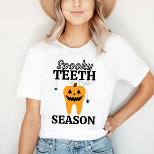 Zahnarzthelferin Halloween Gespenstische Zähne Saison Kürbis Zahn Shirt Zahnhygieniker Shirt Halloween zahnfarben t-shirt