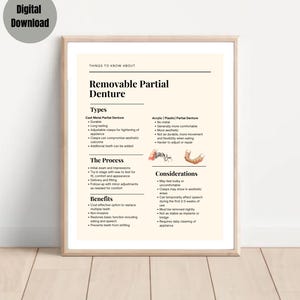 Puede incluir: Una impresión enmarcada titulada "Removable Partial Denture" con texto que detalla tipos, el proceso, beneficios y consideraciones. La impresión incluye ilustraciones de aparatos dentales y está etiquetada como "Descarga digital".