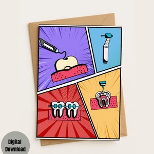 Puede incluir: Una tarjeta de felicitación con temática dental, con ilustraciones de estilo cómic de procedimientos dentales. La tarjeta tiene un sobre marrón y las palabras "Descarga digital" en una pegatina circular.