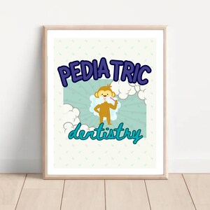 Könnte beinhalten: Ein hellblaues und grünes Poster mit einem Cartoon-Affen, der sich die Zähne putzt. Das Poster lautet "PEDIATRIC dentistry" in blauen und grünen Buchstaben.