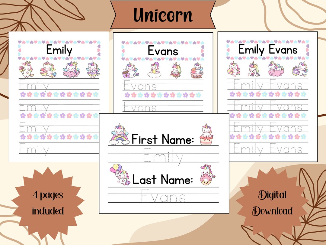 Unicorn Personalized Name Tracing Sheet Bundle Set Printable - Etsy