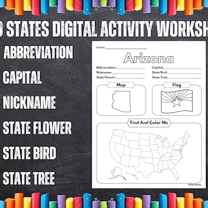 Hoja de trabajo de actividades de investigación de 50 estados de EE. UU. - Geografía - Estudios sociales- Descarga digital - Imprimible