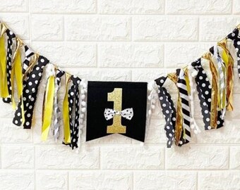 Burlap banner || Gold, black and white || One year old