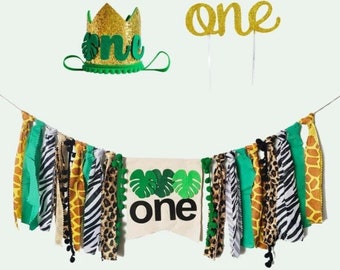 1st birthday kit || Jungle theme || Set of 3 || Hat, Banner, Cake topper