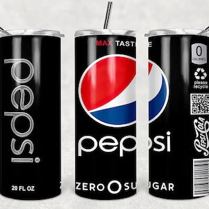 May include: A black and silver stainless steel tumbler with a Pepsi logo and the text "ZERO SUGAR" and "MAX TASTE". The tumbler is 20 fluid ounces and has a straw.
