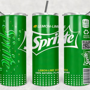 Może przedstawiać: Trzy kubki ze stali nierdzewnej w zielono-białym wzorze z logo Sprite i tekstem "Lemon-Lime Soda 100% Natural Flavors" i "140 Calories Per Can".